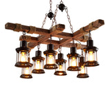 8 Light Rustic Wood Chandelier with Clear Glass Shades and Hemp Rope Accents