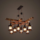 8 Light Rustic Wood Chandelier with Clear Glass Shades and Hemp Rope Accents