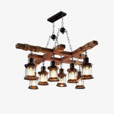 8 Light Rustic Wood Chandelier with Clear Glass Shades and Hemp Rope Accents