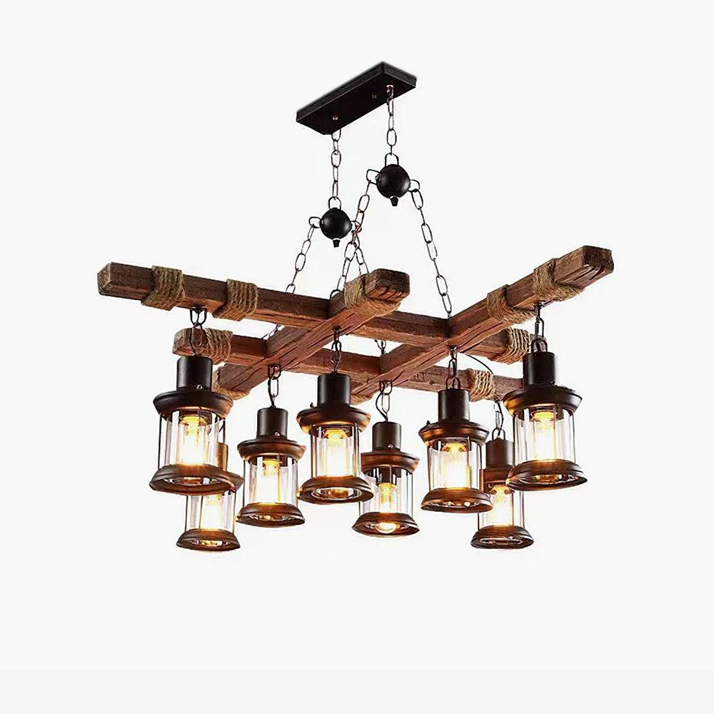 8 Light Rustic Wood Chandelier with Clear Glass Shades and Hemp Rope Accents