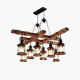8 Light Rustic Wood Chandelier with Clear Glass Shades and Hemp Rope Accents