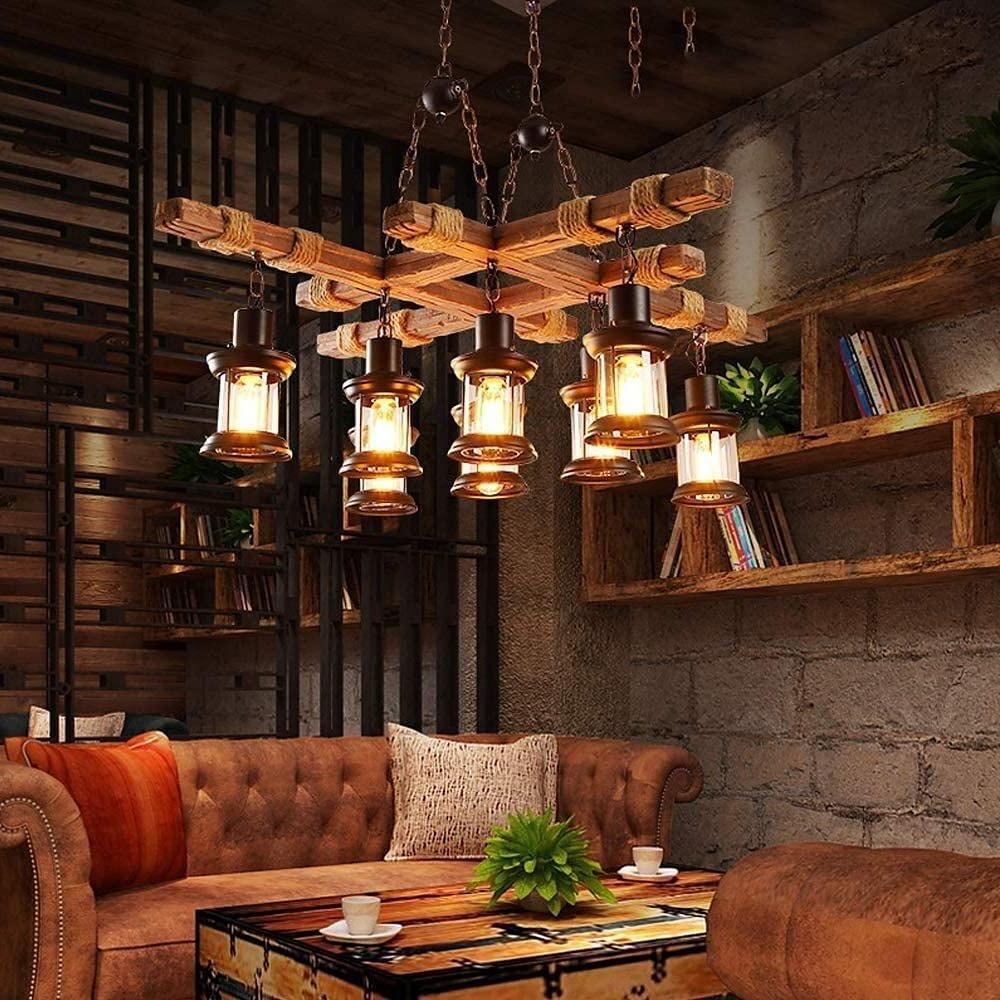 8 Light Vintage Wood and Glass Farmhouse Chandelier Pendant Light for Kitchen Island and Living Room