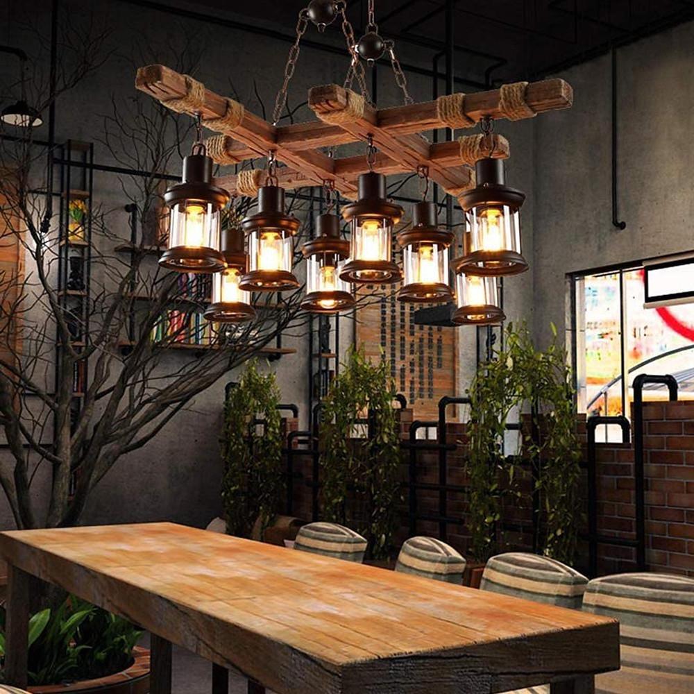 8 Light Vintage Wood and Glass Farmhouse Chandelier Pendant Light for Kitchen Island and Living Room