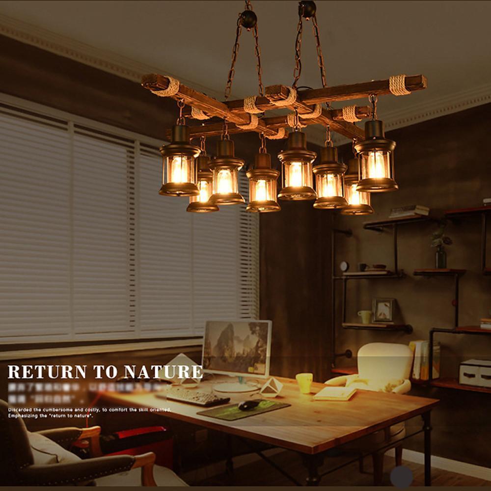 8 Light Vintage Wood and Glass Farmhouse Chandelier Pendant Light for Kitchen Island and Living Room