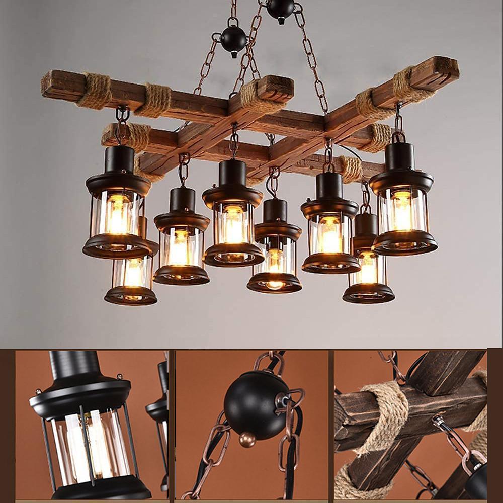 8 Light Vintage Wood and Glass Farmhouse Chandelier Pendant Light for Kitchen Island and Living Room