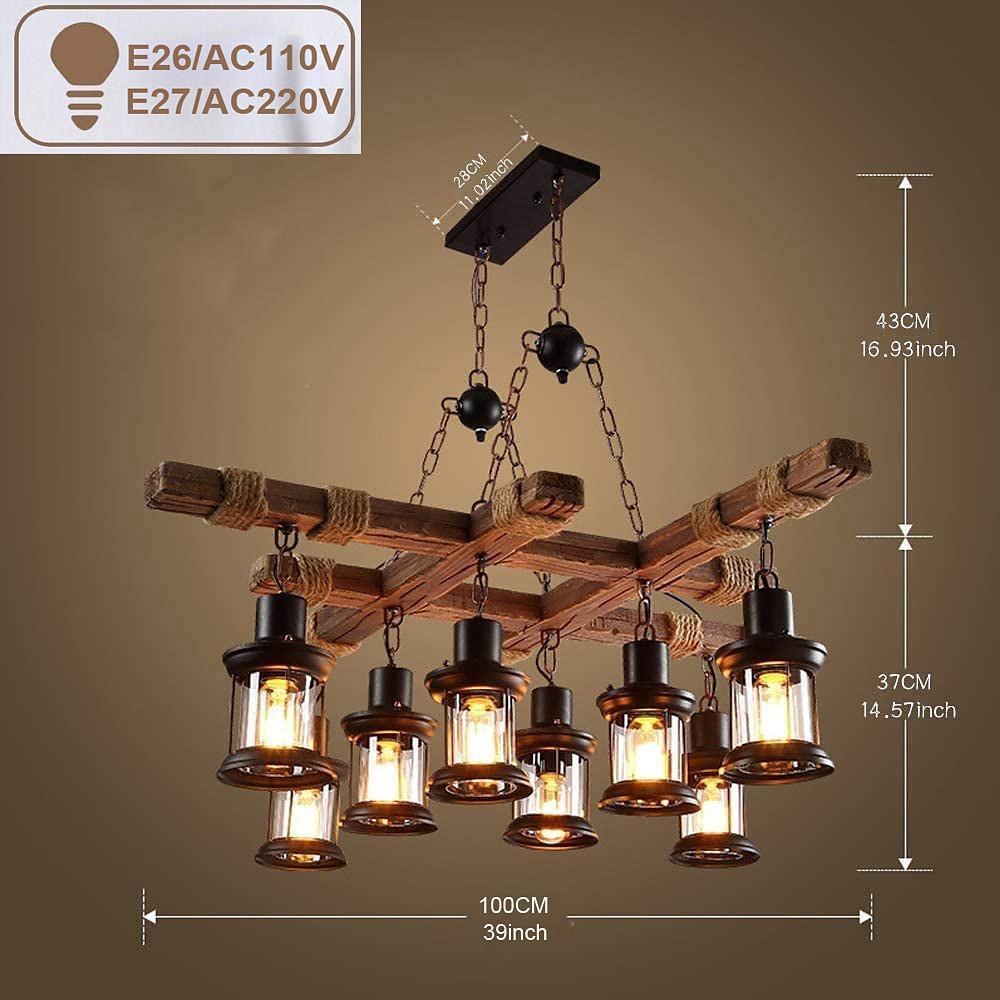 8 Light Vintage Wood and Glass Farmhouse Chandelier Pendant Light for Kitchen Island and Living Room