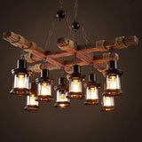 8 Light Vintage Wood and Glass Farmhouse Chandelier Pendant Light for Kitchen Island and Living Room