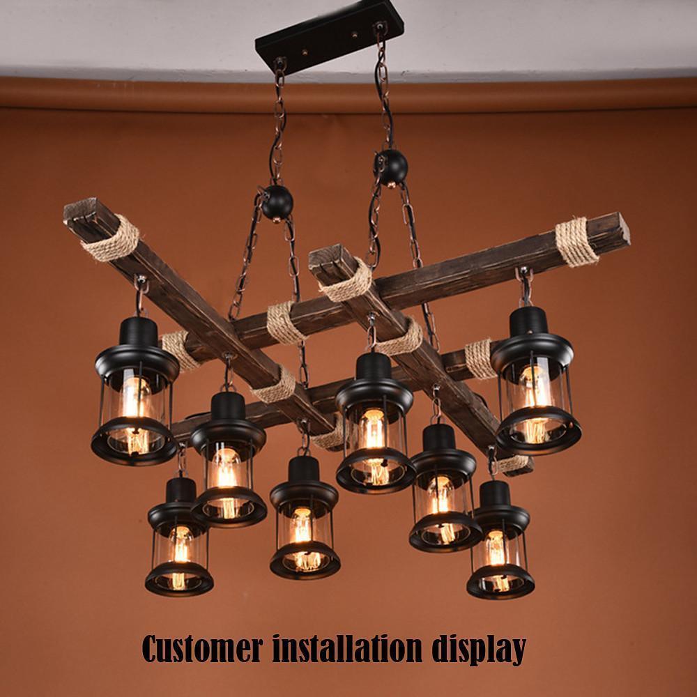 8 Light Vintage Wood and Glass Farmhouse Chandelier Pendant Light for Kitchen Island and Living Room