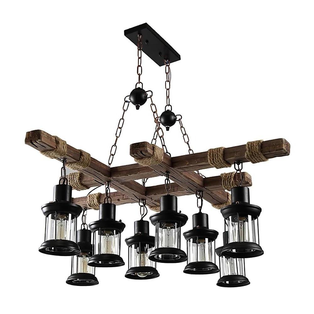 8 Light Vintage Wood and Glass Farmhouse Chandelier Pendant Light for Kitchen Island and Living Room