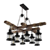 8 Light Vintage Wood and Glass Farmhouse Chandelier Pendant Light for Kitchen Island and Living Room