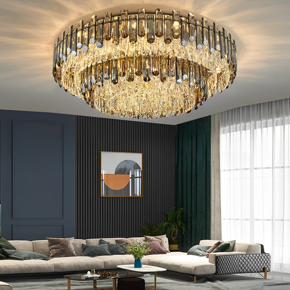 Luxury Modern Crystal Flush Mount Ceiling Light Round Metal Three Color Temperature Fixture