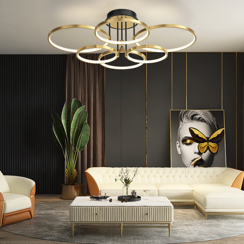 Modern Gold LED Ring Ceiling Light with Leather Accents and 3 Step Dimming