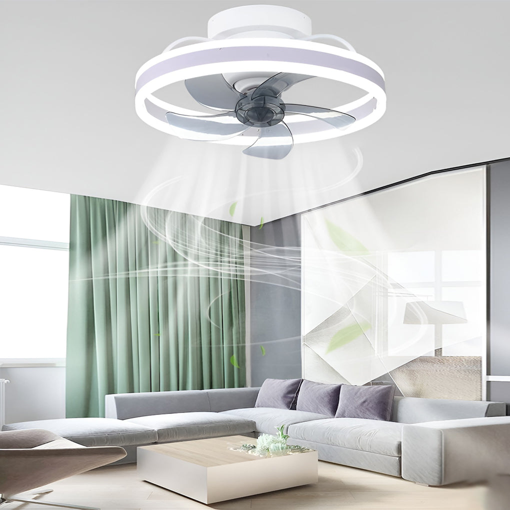 Modern Flush Mount Ceiling Fan with Stepless Dimming LED Light and 360 Degree Rotating Airflow
