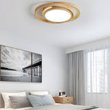Modern Round Oak Wood LED Ceiling Light with Oval Rings Minimalist Flush Mount Fixture
