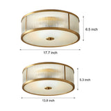 Modern Gold Drum Flush Mount Ceiling Light with Ribbed Glass Shade for Living Room and Bedroom