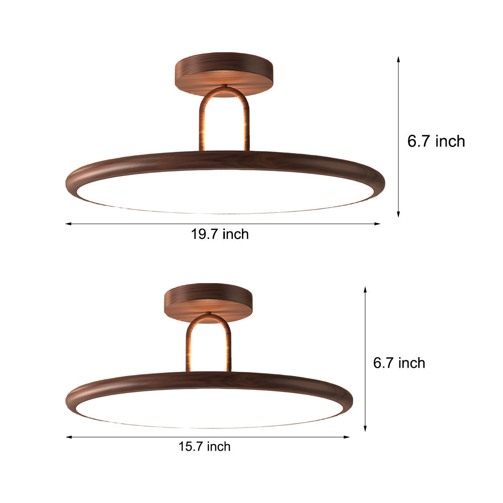 Mid Century Wood Grain Round Semi Flush Mount LED Ceiling Light for Modern Bedroom and Living Room