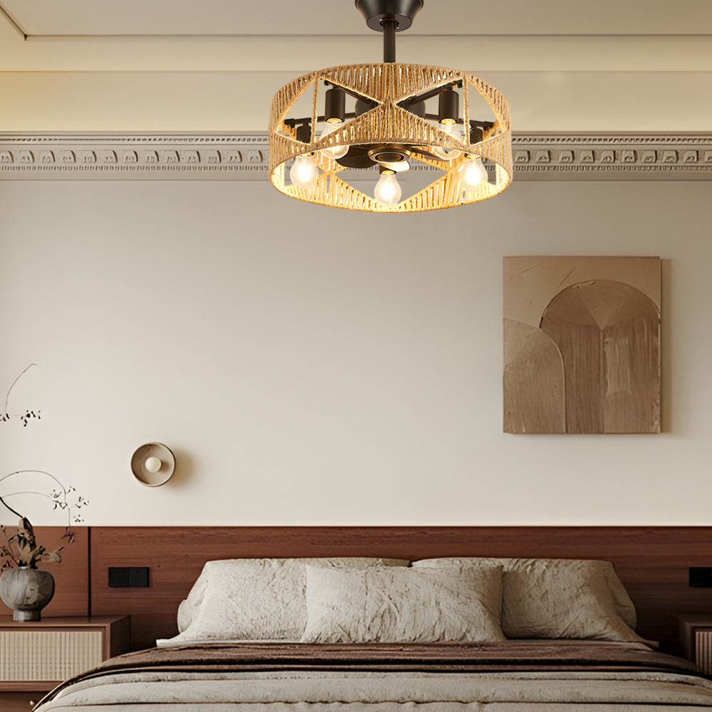 20 Inch Rustic Hemp Rope Woven Caged Ceiling Fan with Light 6 Speed Remote Control for Bedroom