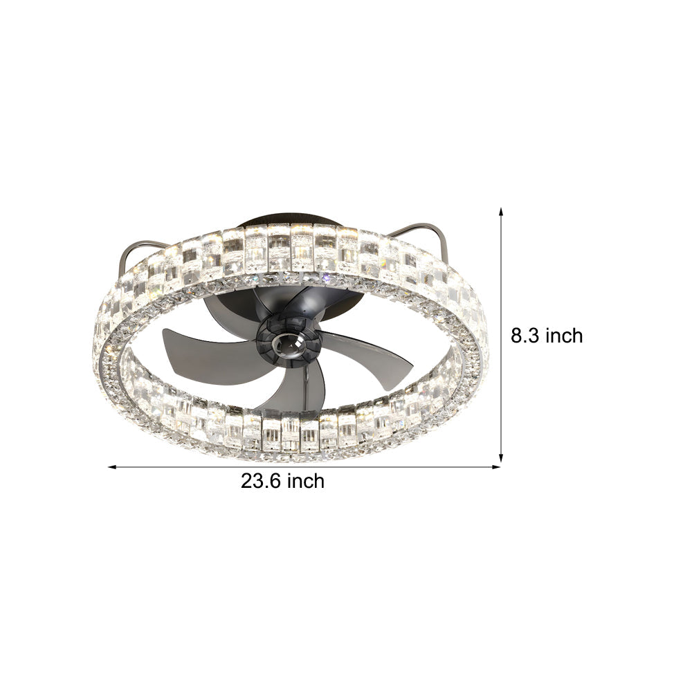 Modern 23.6 Inch Crystal Flush Mount Ceiling Fan with Dimmable LED and Remote Control Black Finish