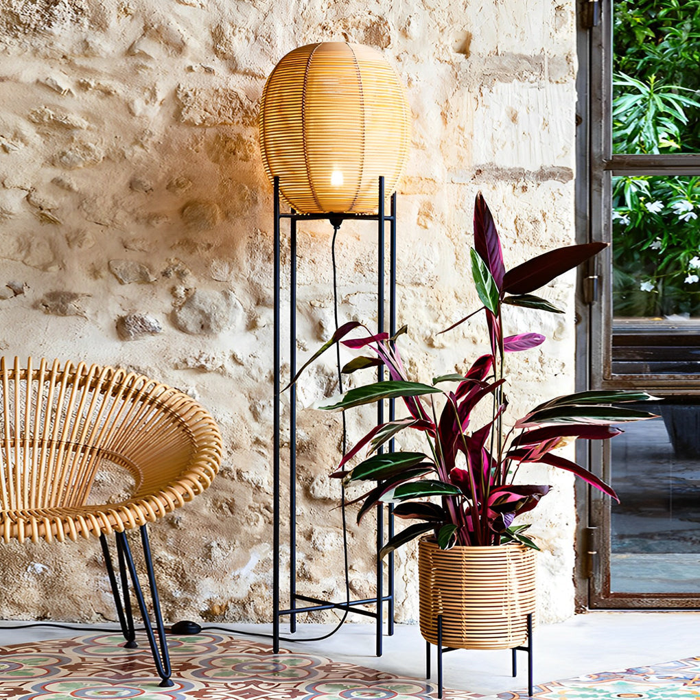 Farmhouse Rustic Rattan Standing Floor Lamp with Black Metal Base and Woven Shade for Living Room