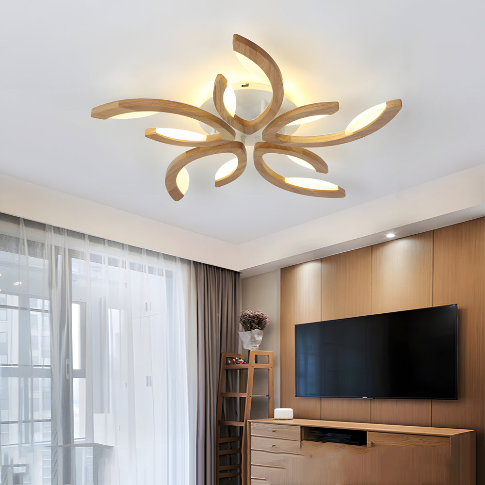 Modern Oak Wood Floral LED Semi Flush Mount Ceiling Light with Petal Acrylic Shades