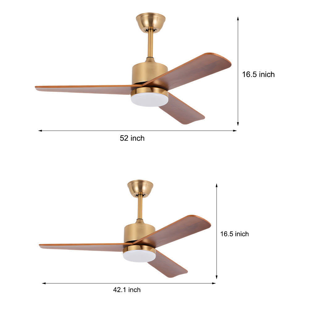 Modern 3 Blade Solid Walnut Wood Ceiling Fan with LED Light and 6 Speed Remote Control