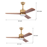 Modern 3 Blade Solid Walnut Wood Ceiling Fan with LED Light and 6 Speed Remote Control