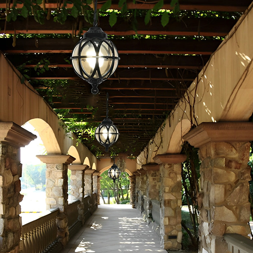 Vintage Waterproof Outdoor Pendant Light Retro Aluminum and Glass Hanging Ball Ceiling Lantern