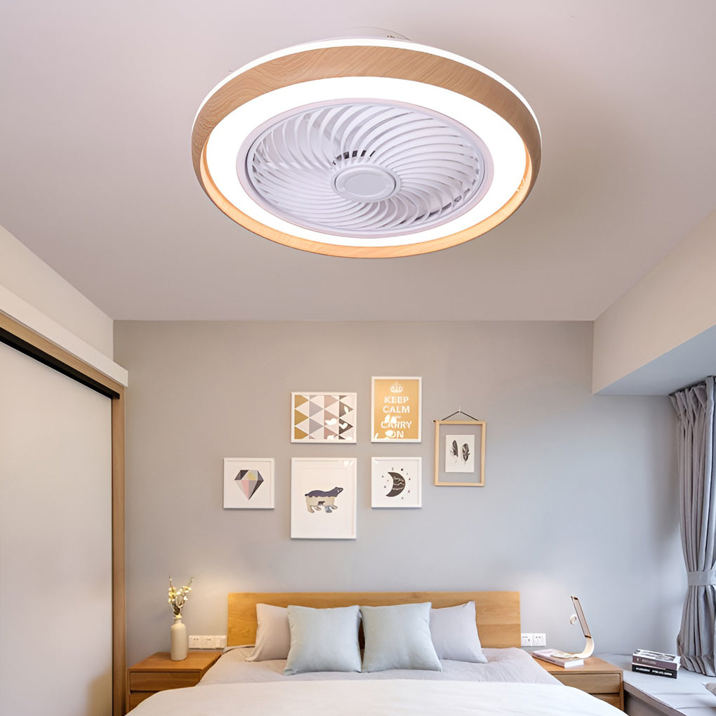 Modern Ultra Thin Bladeless Ceiling Fan with Remote Control Dimmable LED Light in Imitation Wood Grain