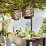 Hand Woven Rattan Outdoor Chandelier Waterproof Rustic Hanging Pendant Light for Garden Patio Yard