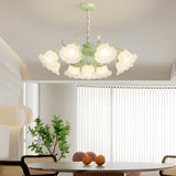 9 Light French Country Floral Glass Chandelier with Three Step Dimming and Iron Branch Frame