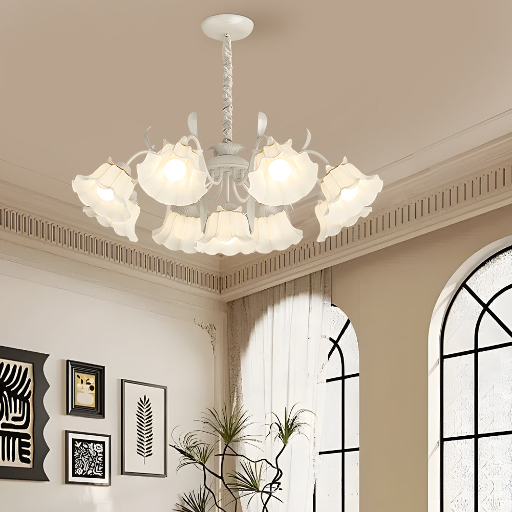 9 Light French Country Floral Glass Chandelier with Three Step Dimming and Iron Branch Frame
