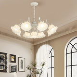 9 Light French Country Floral Glass Chandelier with Three Step Dimming and Iron Branch Frame