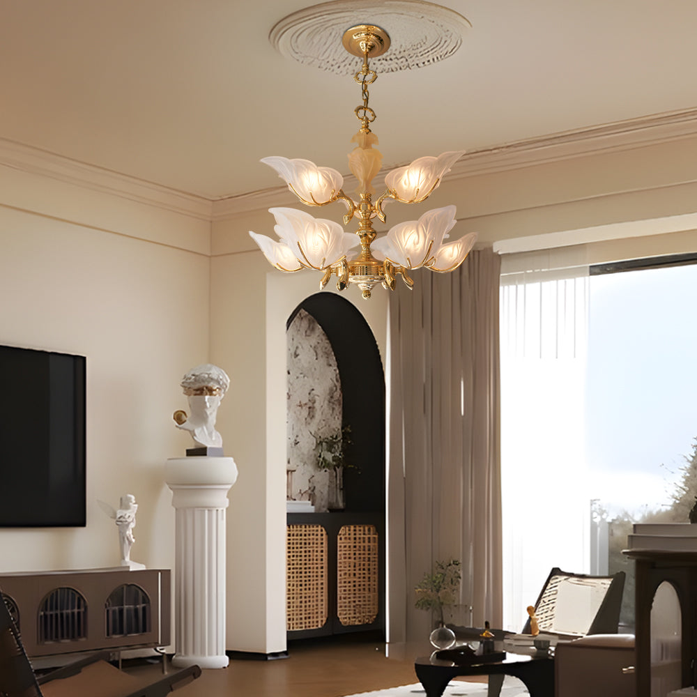 9 Light Italian Style Brass Chandelier with Murano Glass Leaves Mid Century Pendant Lighting