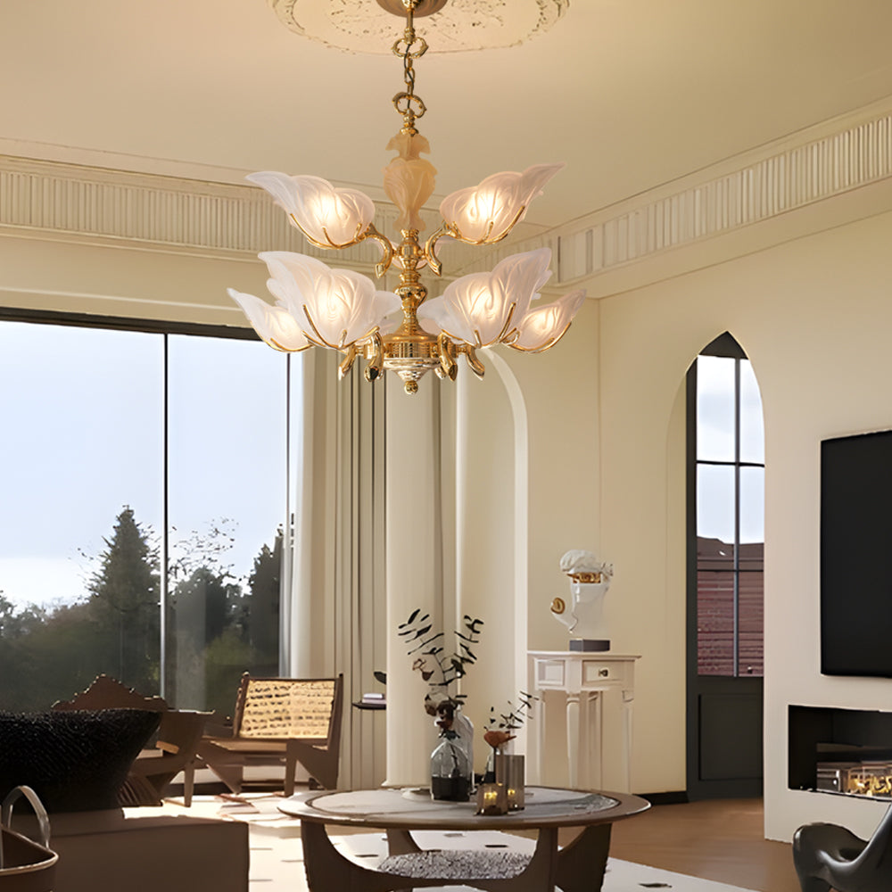 9 Light Italian Style Brass Chandelier with Murano Glass Leaves Mid Century Pendant Lighting