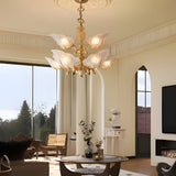 9 Light Italian Style Brass Chandelier with Murano Glass Leaves Mid Century Pendant Lighting