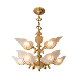 9 Light Italian Style Brass Chandelier with Murano Glass Leaves Mid Century Pendant Lighting