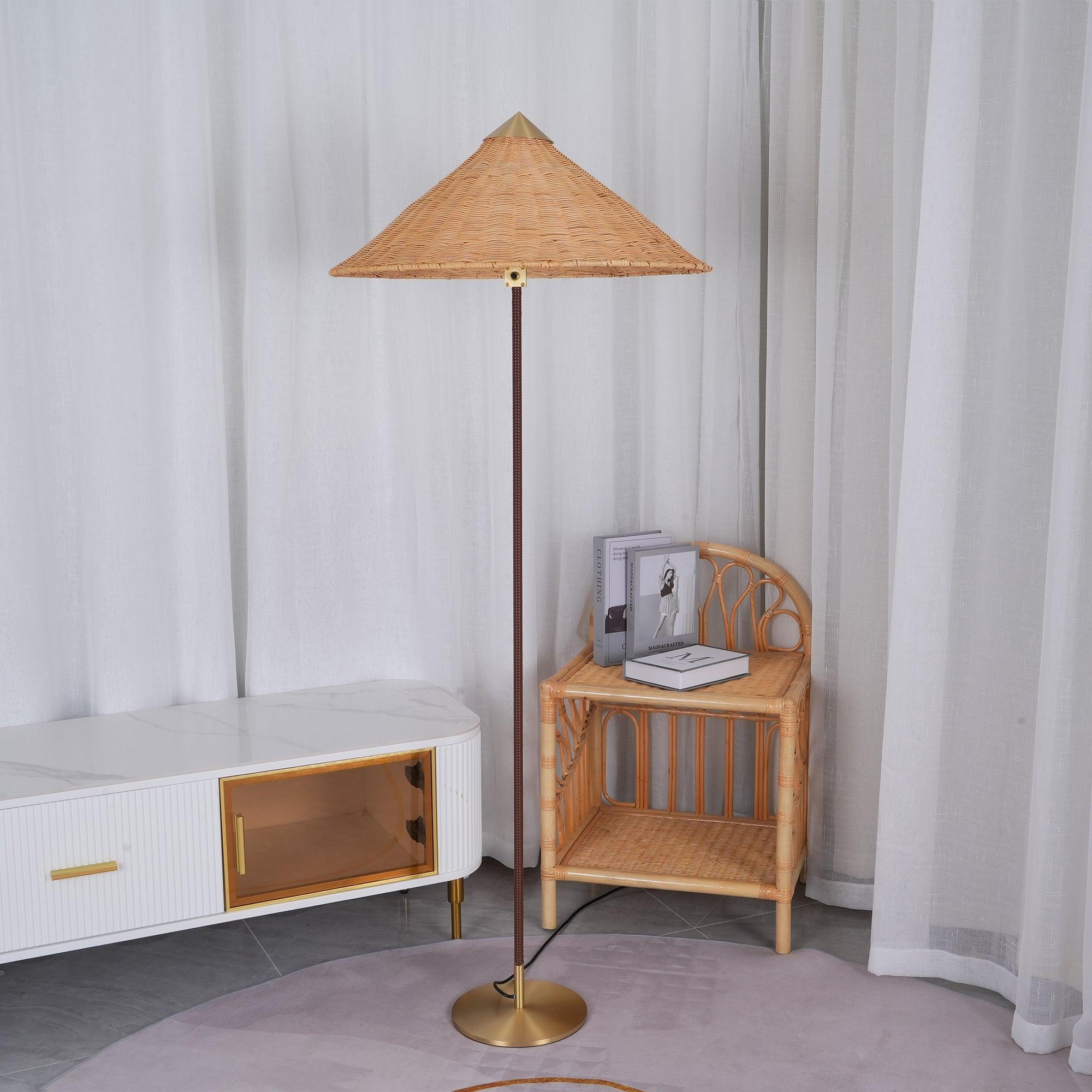 Mid Century Modern Rattan Stem Floor Lamp with Elegant Fabric Shade for Indoor Living Spaces