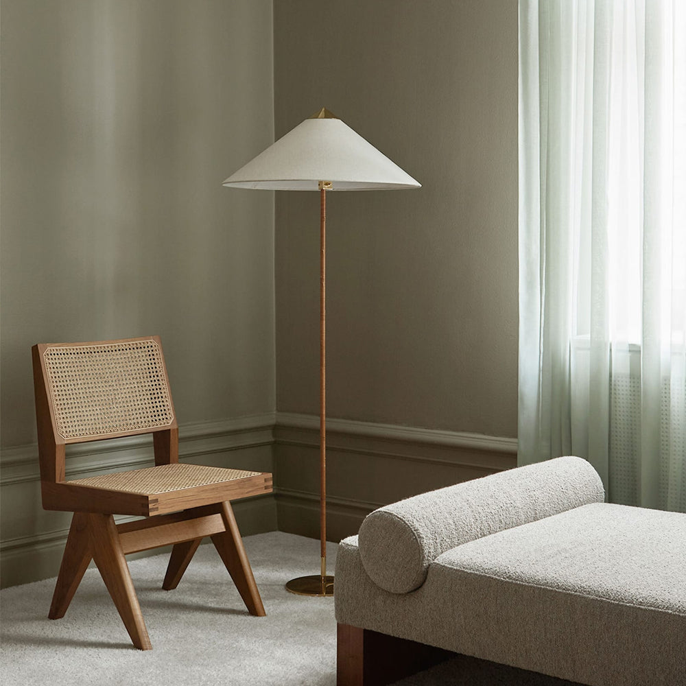 Mid Century Modern Rattan Stem Floor Lamp with Elegant Fabric Shade for Indoor Living Spaces