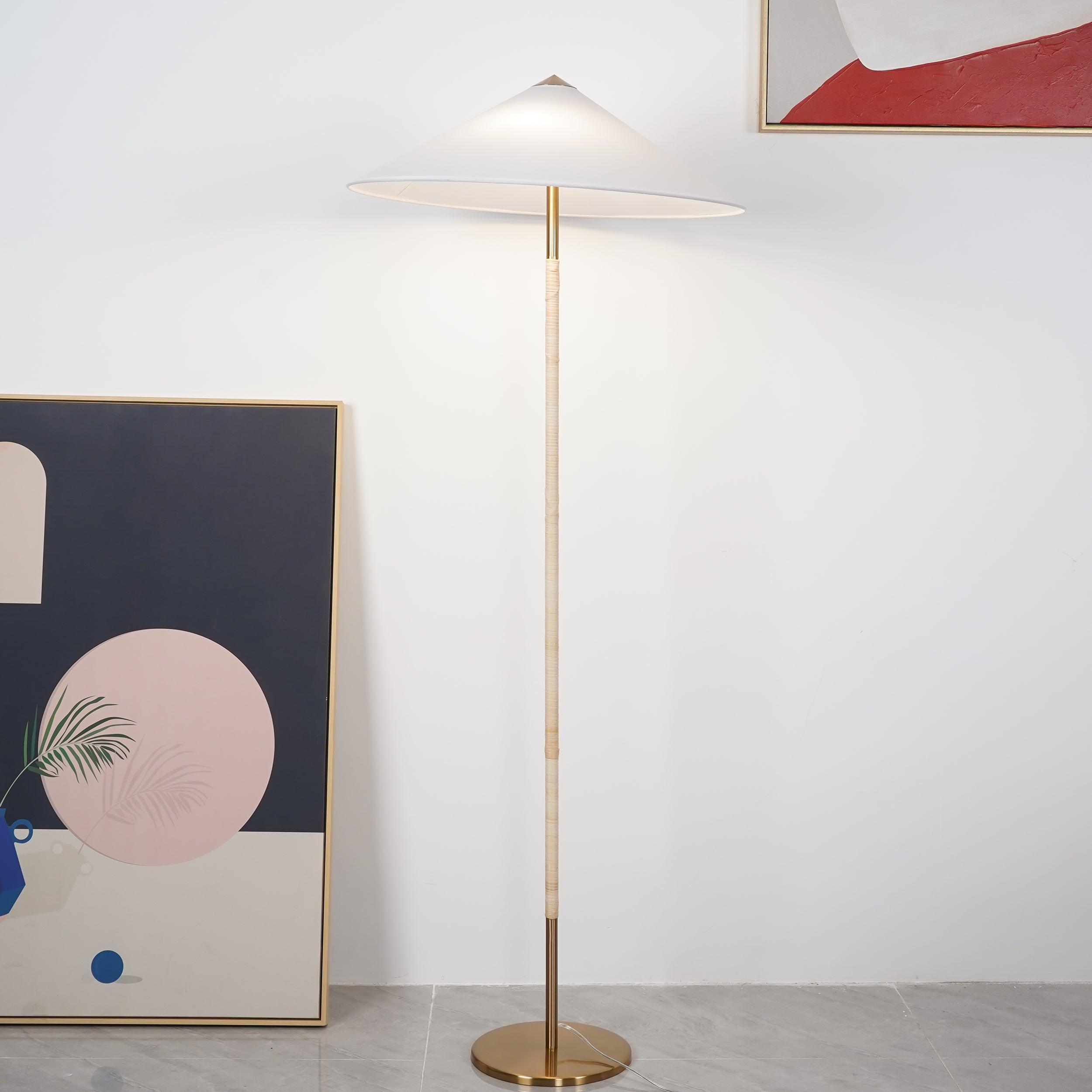 Mid Century Modern Rattan Stem Floor Lamp with Elegant Fabric Shade for Indoor Living Spaces