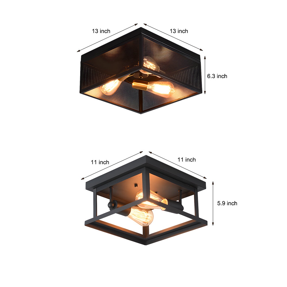Industrial Square Metal Ceiling Lamp Rustic Black Iron Frame Flush Mount Light for Farmhouse Bedroom and Entryway