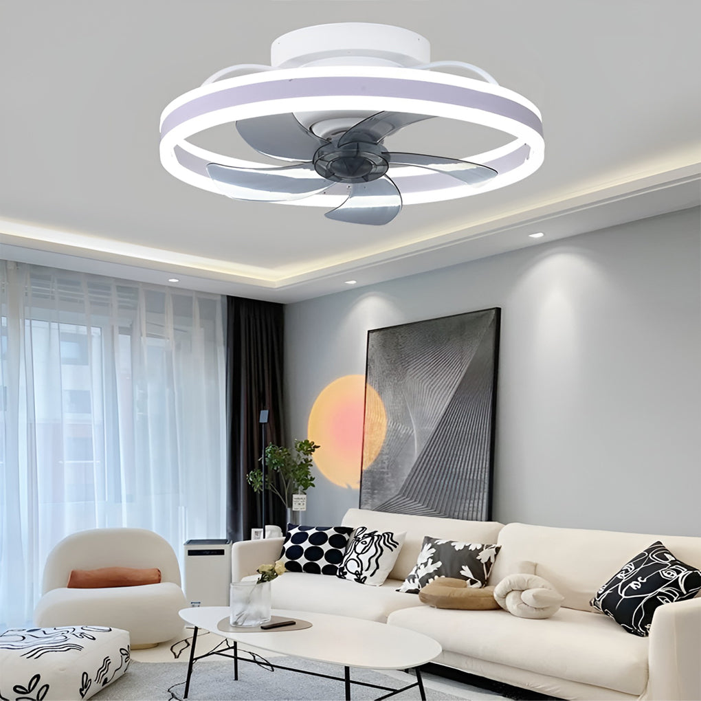 Modern Flush Mount Ceiling Fan with Stepless Dimming LED Light and 360 Degree Rotating Airflow