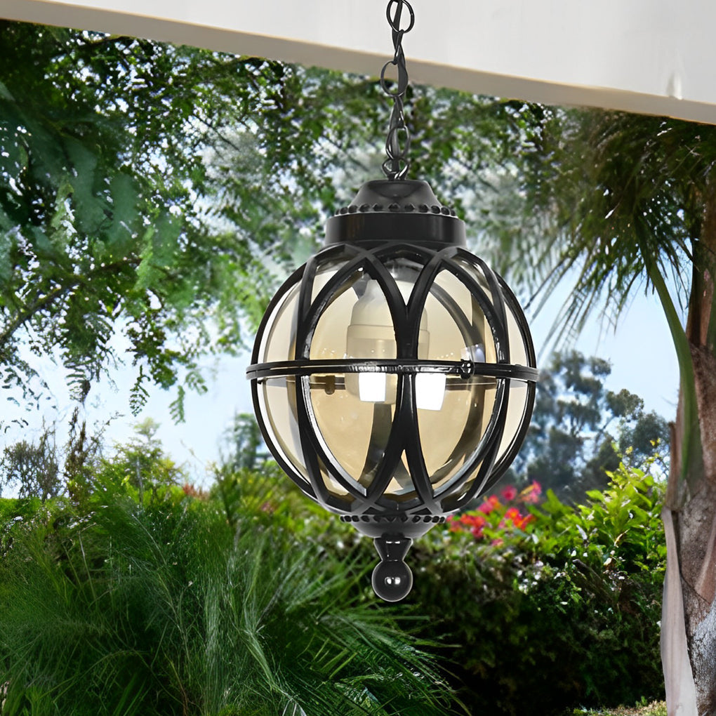 Vintage Waterproof Outdoor Pendant Light Retro Aluminum and Glass Hanging Ball Ceiling Lantern