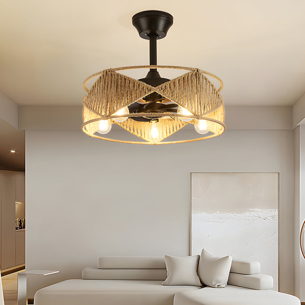 20 Inch Rustic Hemp Rope Woven Caged Ceiling Fan with Light 6 Speed Remote Control for Bedroom