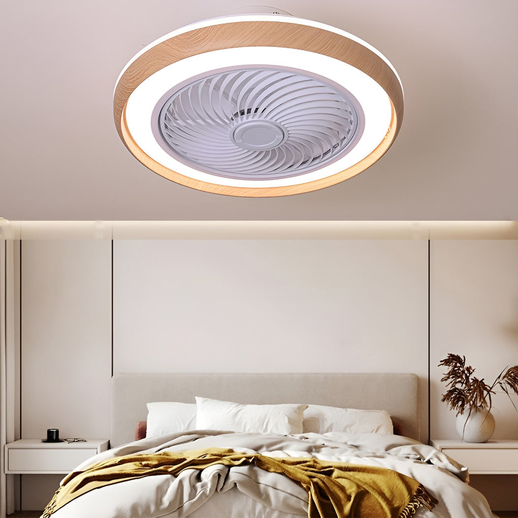 Modern Ultra Thin Bladeless Ceiling Fan with Remote Control Dimmable LED Light in Imitation Wood Grain