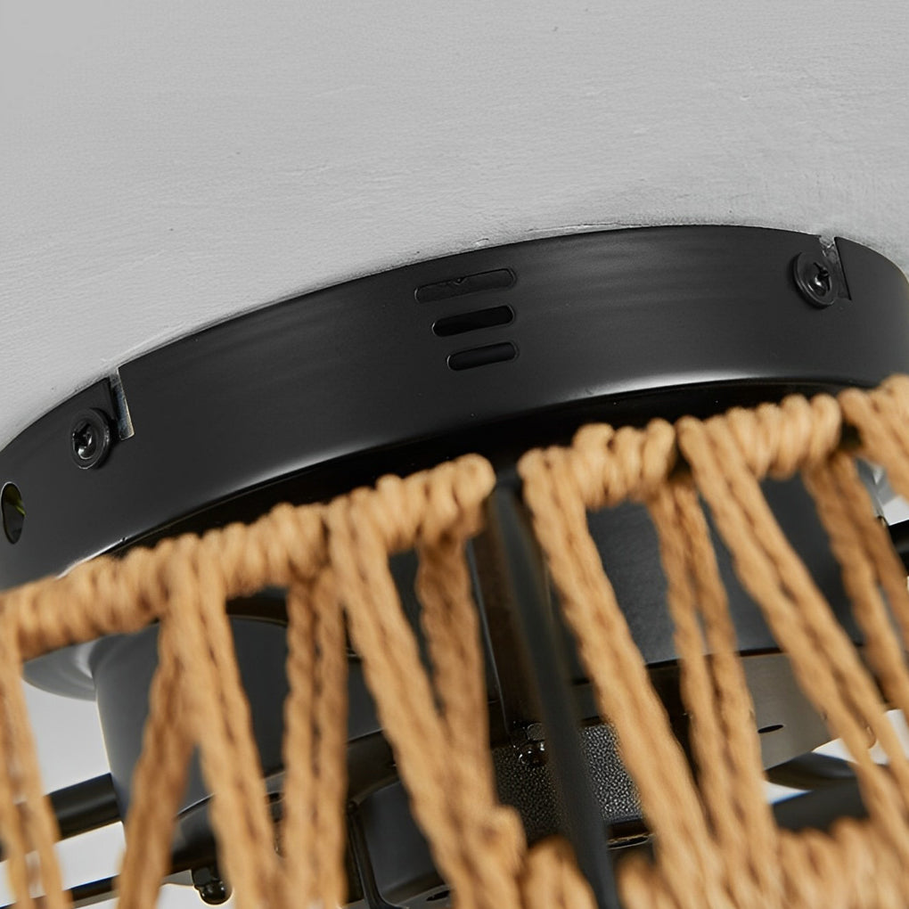 Retro Industrial Rattan Iron Bladeless Ceiling Fan with Light 6 Speeds Timing and Inverter