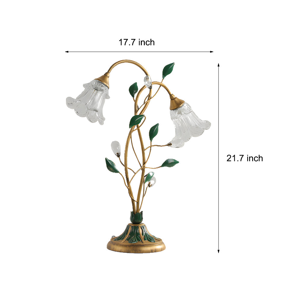Modern Floral Desk Lamp with Dual Glass Flower Shades and Elegant Iron Leaf Accents