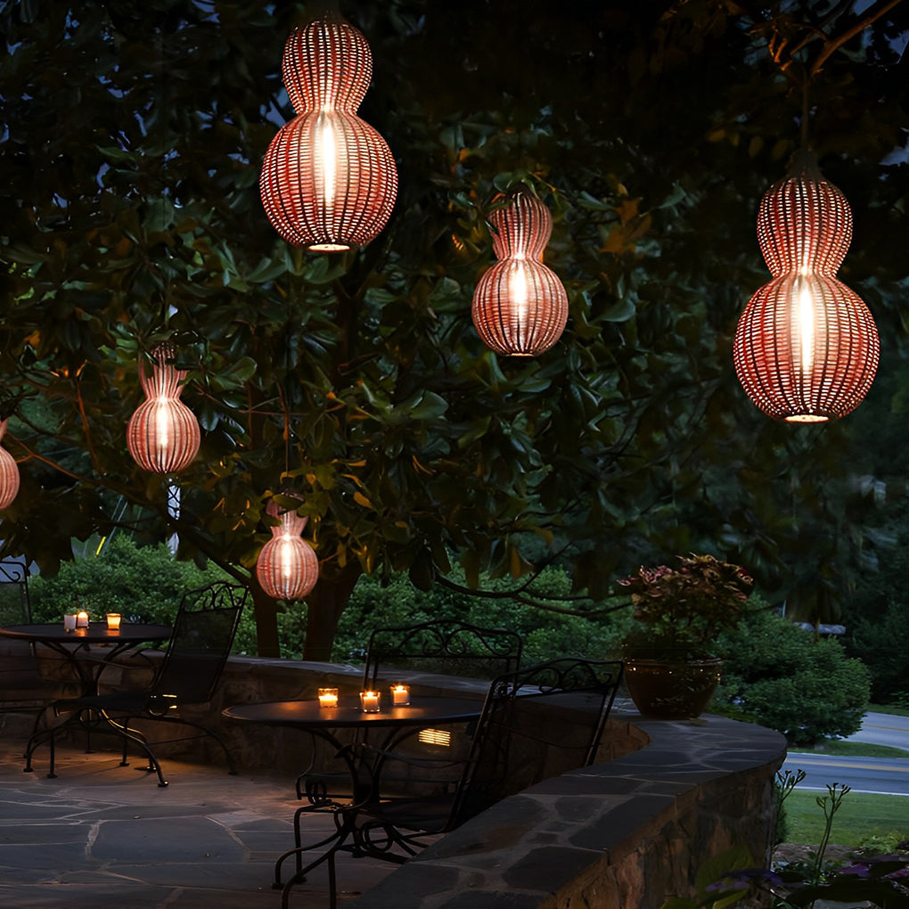 Rustic Woven Rattan Gourd Outdoor Pendant Light IP65 Waterproof Exterior Hanging Lamp for Garden and Patio