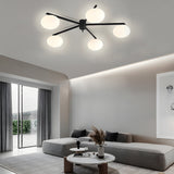 Modern White Glass Globe Semi Flush Mount Ceiling Light with Black Iron Arms