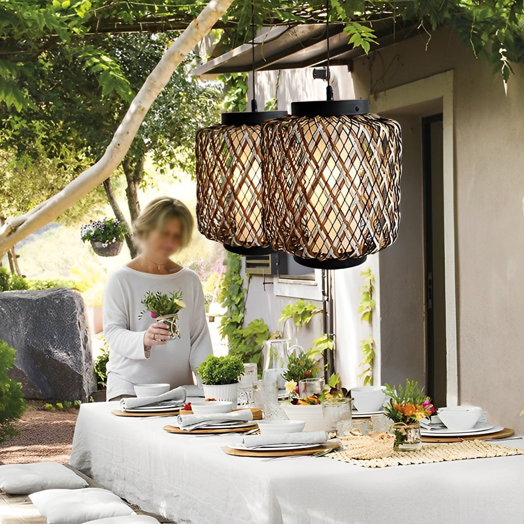 Hand Woven Rattan Outdoor Chandelier Waterproof Rustic Hanging Pendant Light for Garden Patio Yard