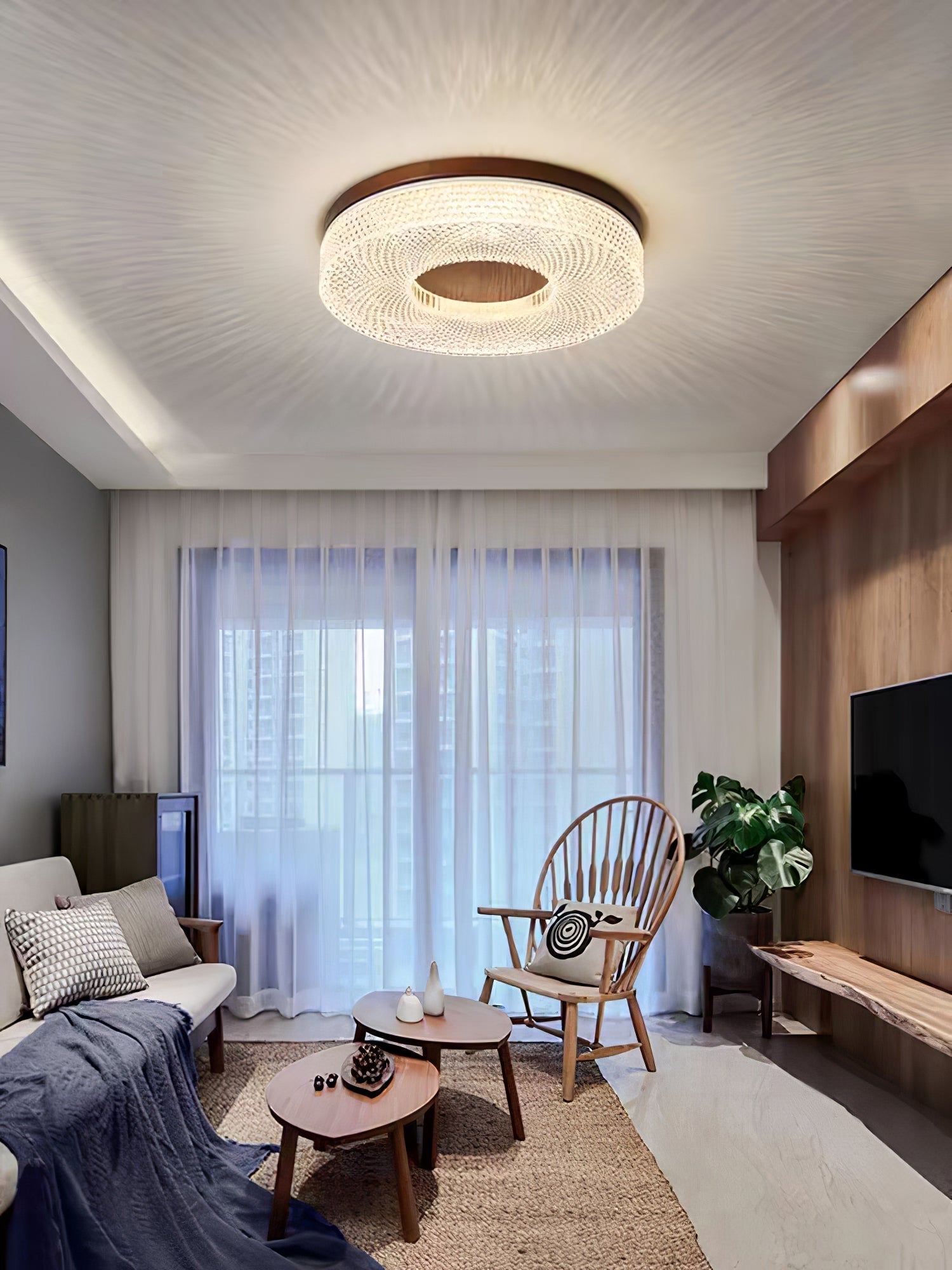 Modern Round Acrylic Halo LED Ceiling Light with Wood Trim and Adjustable Three Color Temperatures